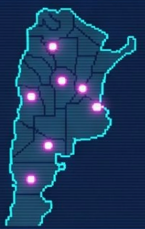 Mapa de Argentina en pixel art con puntos de luz que marcan los polos de la escena gamer