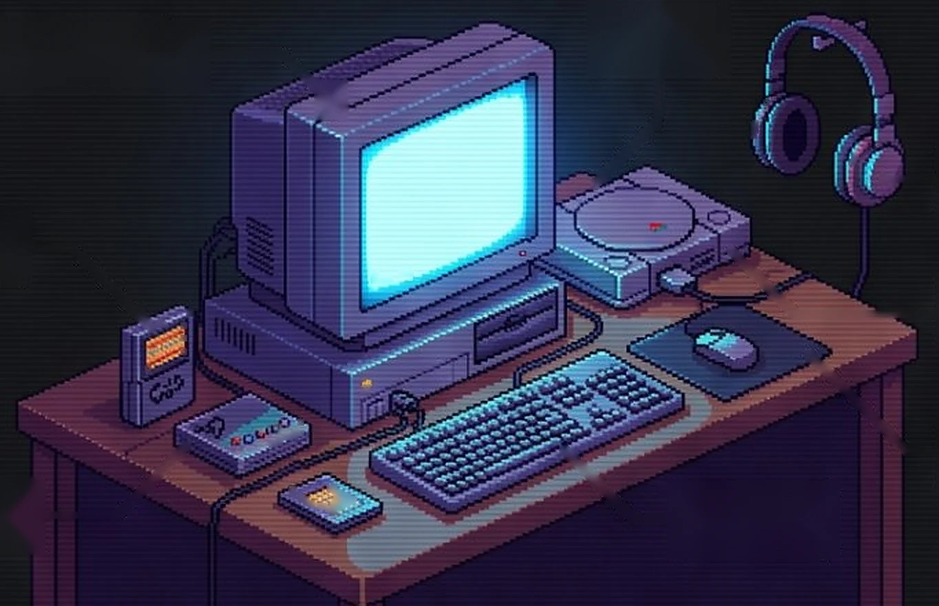 Escritorio gamer en pixel art con monitor CRT, consola, auriculares, teclado, mouse y consola portátil